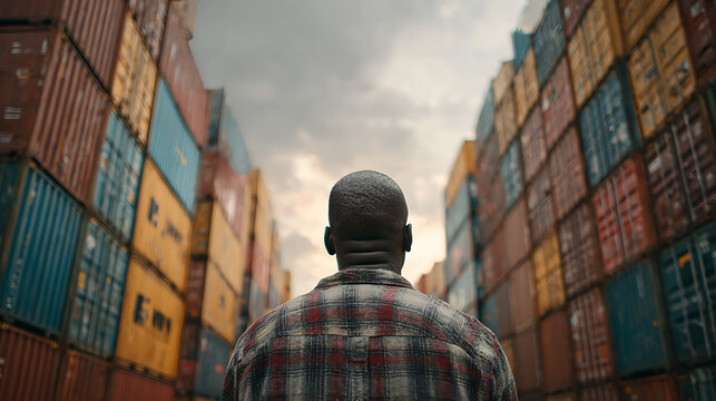 male worker standing near stacked containers in port, highlighting freight logistics, cargo movement, harbor industry, supply chain activity, and outdoor transport operations