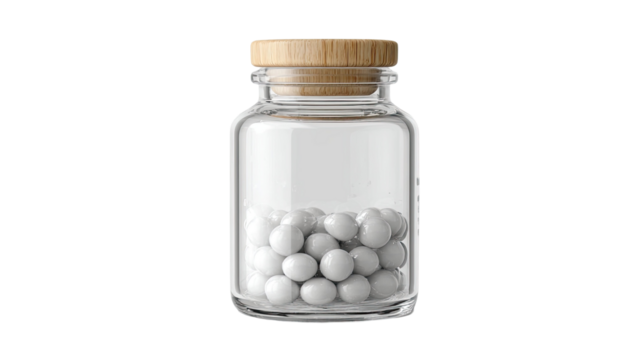 Isolated glass medicine bottle with white pills and white label on a white background