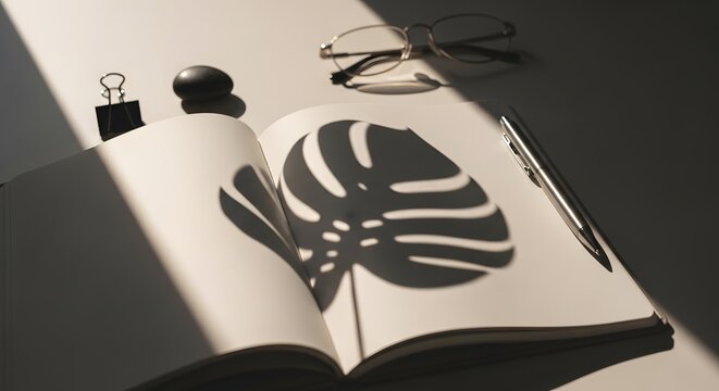A minimalist workspace scene featuring an open notebook, a pen, a pair of glasses, and a shadow of a leaf cast on the pages under natural light