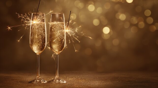 happy new year 2026 celebration card with two champagne glasses and glowing sparklers festive golden background holiday banner design with copy space for greeting and wishes