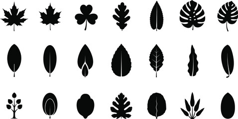 Collection of twenty one black stylized leaf silhouettes with textured edges on a white background