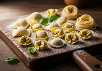 Handcrafted fresh italian pasta assortment ravioli tortellini and tagliatelle nests