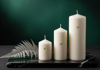 Set of three ivory pillar candles in varying heights styled on black marble slab