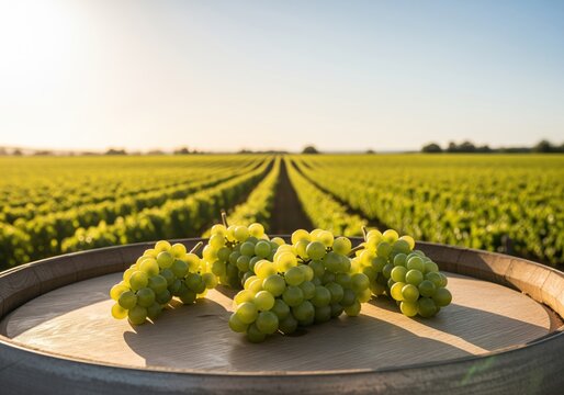 Bunches of fresh green grapes on a wooden barrel overlooking a vast vineyard