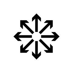 Eight black arrows pointing outwards in a radial pattern, symbolizing expansion, spread, choice, and multi-directional movement or growth.