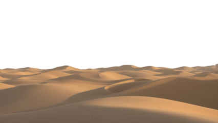 Golden desert dunes under a white sky, rich orange-brown sand forming flowing curves and shadows, a minimalist arid landscape full of texture and rhythm. transparent background.