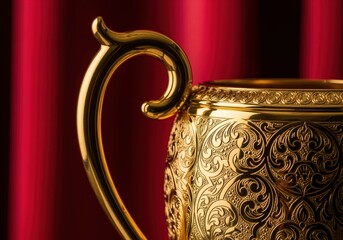Luxurious golden trophy detail featuring intricate filigree engraving and curved handle.