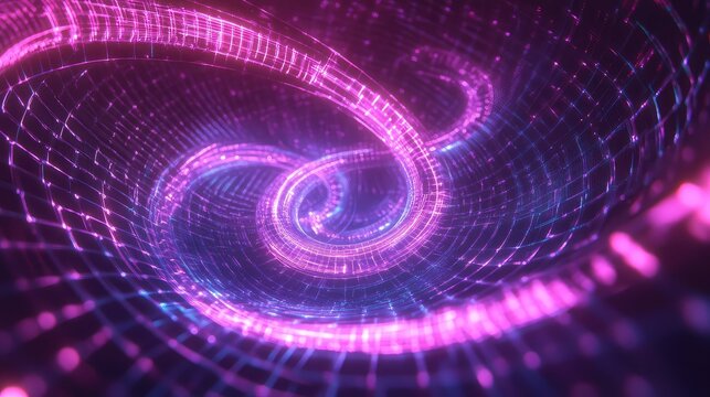 Abstract glowing neon grid spiral technology background
