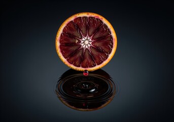 Juicy blood orange half dripping a ruby red drop onto a dark liquid surface