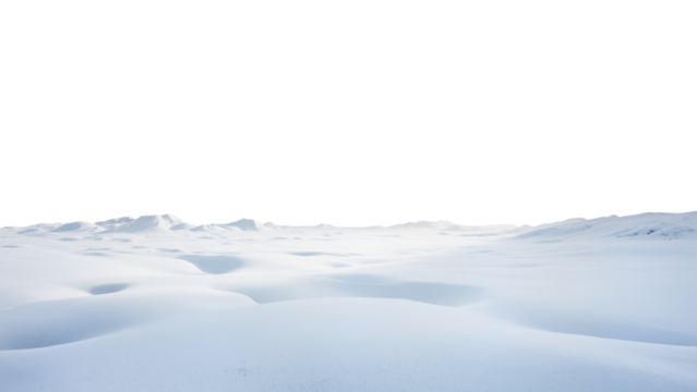 Snow-covered rolling hills under a pale sky, minimalist winter landscape evoking calm isolation and serene atmosphere. transparent background.