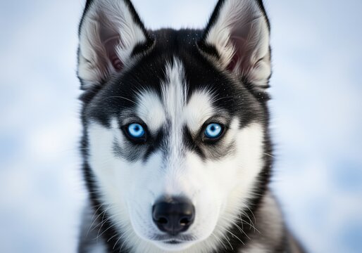 Majestic siberian husky dog close up showing piercing bright blue eyes