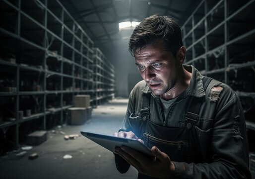Focused warehouse worker using digital tablet for inventory control in dark storage facility.