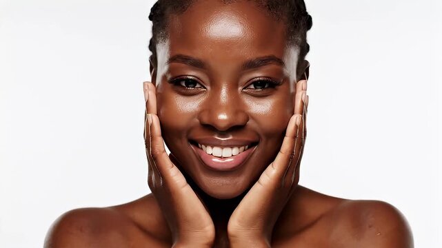A beautiful young woman with radiant, healthy skin smiles genuinely at the camera while gently touching her face. Her complexion glows with natural vitality, emphasizing a sense of freshness, hydratio