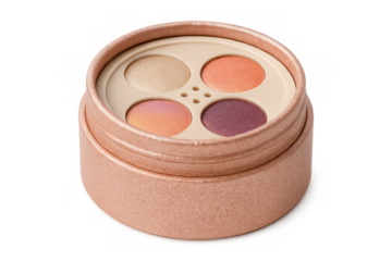 Eyeshadow palette displaying warm and shimmery shades for makeup application, modern cosmetic product with transparent background