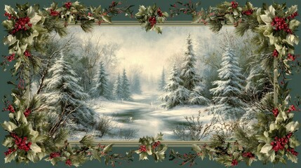 winter landscape framed by a festive holiday border