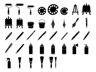 Obraz premium art painting drawing tools supply icons set. vector silhouette collection of brush, pen, pencil, palette, easel, spray, can, bucket and roller.