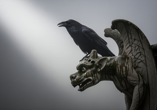Ominous black raven sitting atop a gothic stone gargoyle statue in mist