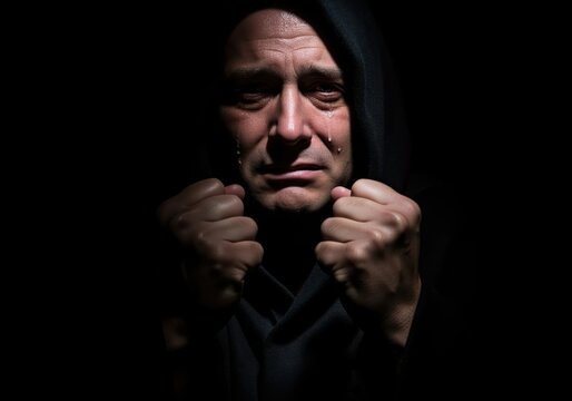 Intense portrait of a distressed man crying, clenching fists in darkness. - Powered by Adobe