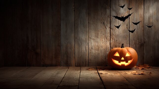 illuminated jackolantern with bats against wood backdrop