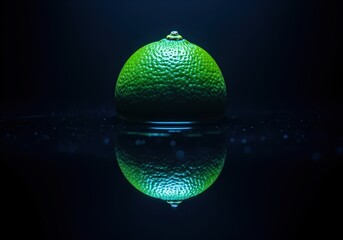 Vibrant green lime partially submerged in dark reflective water low key lighting