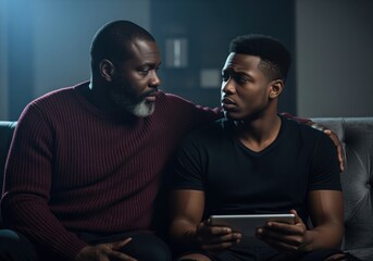 Supportive african american father comforts his worried son during a serious talk.