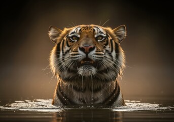 Majestic bengal tiger rising powerfully from the water with intense gaze and wet fur