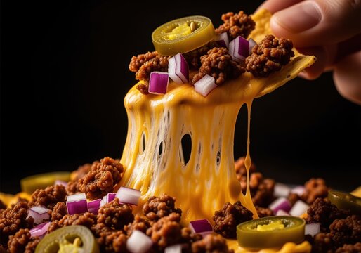 Dramatic cheese pull as a loaded nacho chip is lifted, covered in seasoned meat, onions, and jalape&ntilde;os.