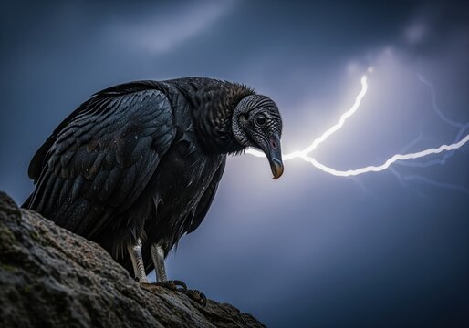 Dark black vulture perched on a cliff edge against a dramatic lightning storm sky