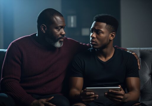 Supportive african american father comforts his worried son during a serious talk.