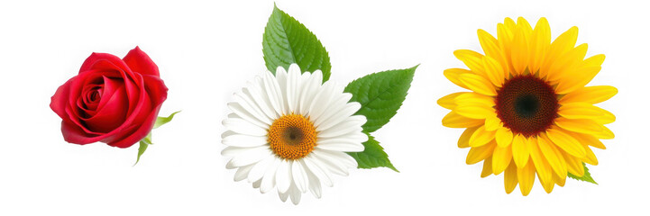 Floral Trio: A Rose Daisy and Sunflower in Full Bloom.