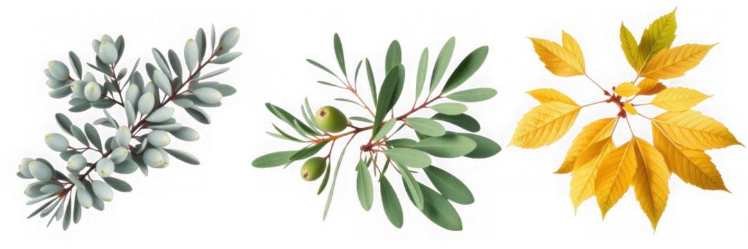 Botanical Variety: Three Distinct Leafy Branches on White.