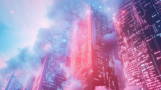 Futuristic city skyscrapers glowing with pink digital data