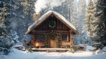 snowcovered rustic wooden cabin with smoking chimney and warm christmas wreaths