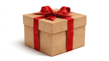 Obraz premium gift box with red ribbon brown paper wrapping square shape festive decoration perfect for celebration surprise joyful mood isolated on transparency background