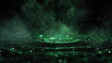 Green particles exploding from digital sound wave surface