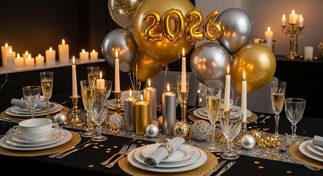 Gold and silver 2026 confetti falling with metallic balloons floating, dark background with party lights bokeh, celebratory atmosphere, New Year party elements, festive