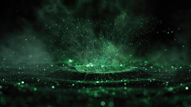 Green particles exploding from digital sound wave surface
