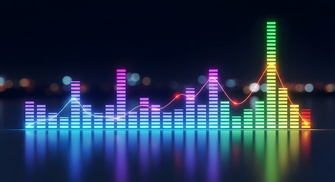 Colorful digital equalizer visualization with vibrant bars and lines representing sound levels against a dark background - Powered by Adobe