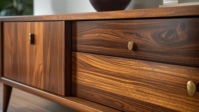 Wooden media console close-up, showcasing rich grain and mid-century modern design. Interior decor, craftsmanship, and luxury furniture detail.