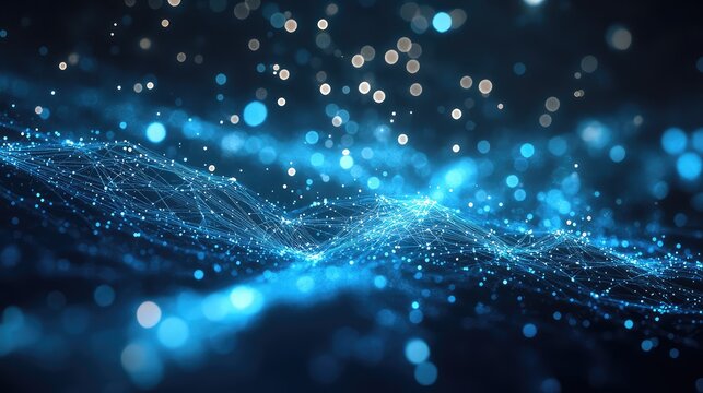 Blue glowing particles connecting in abstract network data stream
