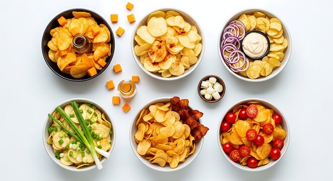 A topdown view of six bowls filled with various potato chips and toppings, including onions, herbs, and bacon, on a white surface