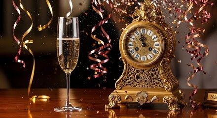 Elegant new year celebration with champagne and a vintage clock counting down to midnight in a festive setting