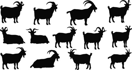 Goat silhouettes, farm goat collection, horned livestock shapes, standing goats, resting goats, black goat outlines, domestic animal vector set for agriculture