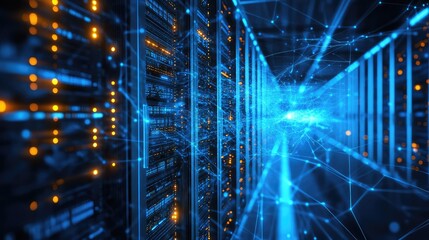 Data center server racks processing digital network information