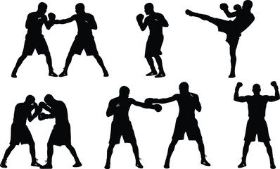 Silhouette boxing athletes performing punches kicks training movements martial arts fitness combat sport action poses collection on white background