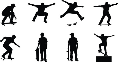 Silhouette, skateboarder, performing, tricks, extreme, sport, urban, action, jump, ollie, stunt, skateboarding, motion, balance, outdoor, athlete, freestyle, skatepark, energetic, dynamic