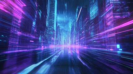 Cyberpunk city street with neon light trails flowing