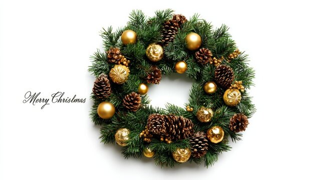festive christmas wreath with pine cones and golden baubles on a white background with merry christmas text