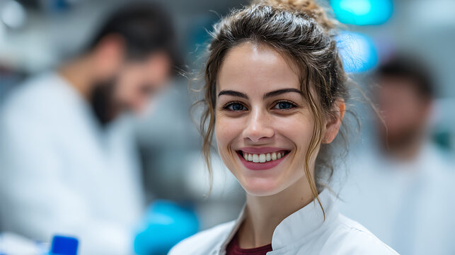 laboratory professional smiling in medical lab with blurred background, science experiments, healthcare research, professional staff, technology and clinical work concept - Powered by Adobe