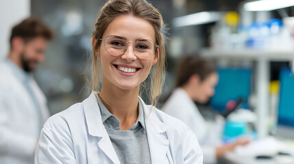 laboratory professional smiling in medical lab with blurred background, science experiments, healthcare research, professional staff, technology and clinical work concept